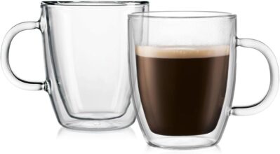 Bodum 10oz Bistro Double Wall Insulated Mug, High-Heat Borosilicate Glass, Set of 2, Clear