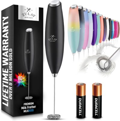 Zulay Kitchen Milk Frother Wand Drink Mixer with AA Duracell Batteries- Durable Handheld Milk Frother Electric Whisk – Easy-Clean Milk Frother Wand & Mini Blender – Electric Coffee Frother – Black