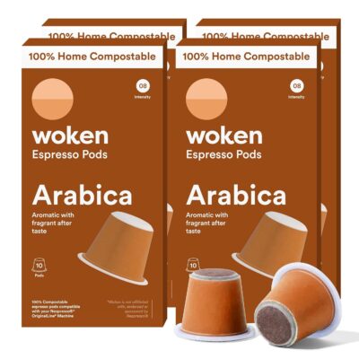 WOKEN COFFEE Compostable Nespresso Pods – Arabica Medium Roast Italian Espresso Coffee Capsules Compatible With Nespresso Coffee Machine (40 Pod Count, 4 Boxes)